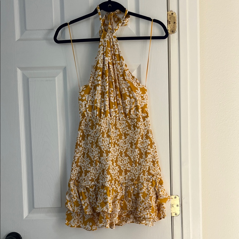 MABLE Mustard Yellow & White Floral Halter Mini Dress ~ small